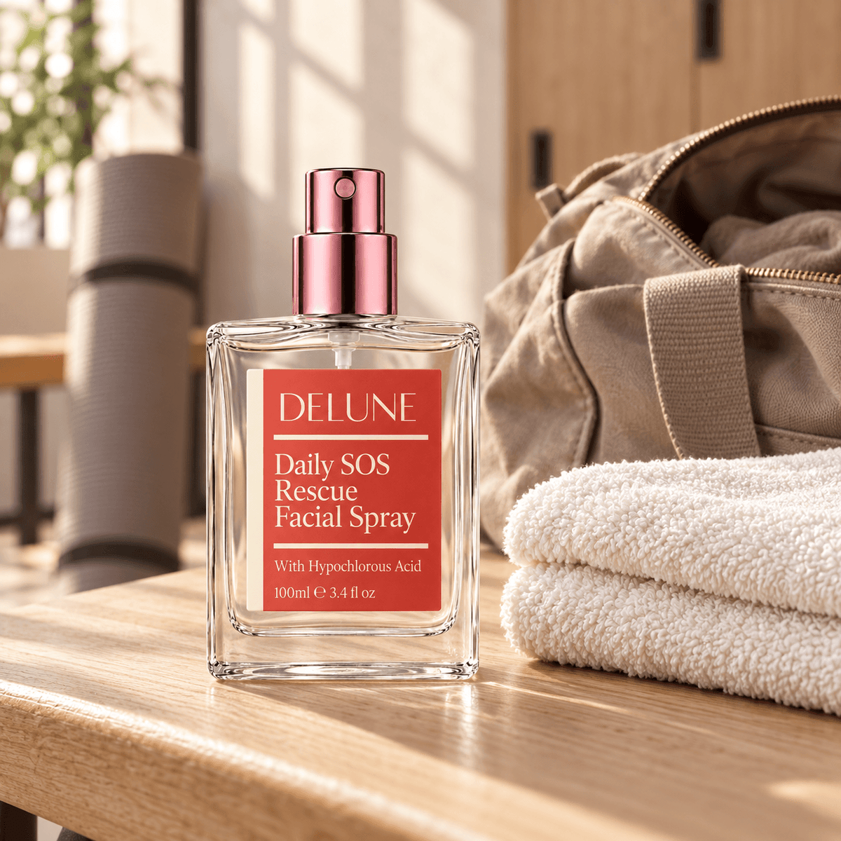 Delune Daily SOS Rescue Facial Spray on a sunlit bathroom shelf