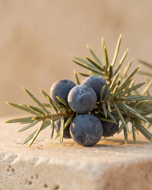 Dusky blue juniper berries on a sprig of juniper needles in warm light — the crisp, clean scent of Delune Juniper Berry Pure Essential Oil